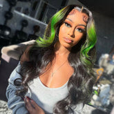 Green Skunk Stripe Wig Neon Green Money Piece 100% Real Human Hair Wavy Wig
